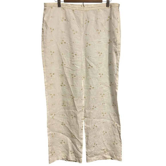Escada Pants - Escada White 100% Linen Gold Floral Embroidery Pants Size 44 Made in Germany